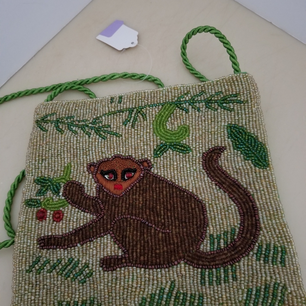 Unk Beaded Monkey Design Shoulder Bag - Green and Brown